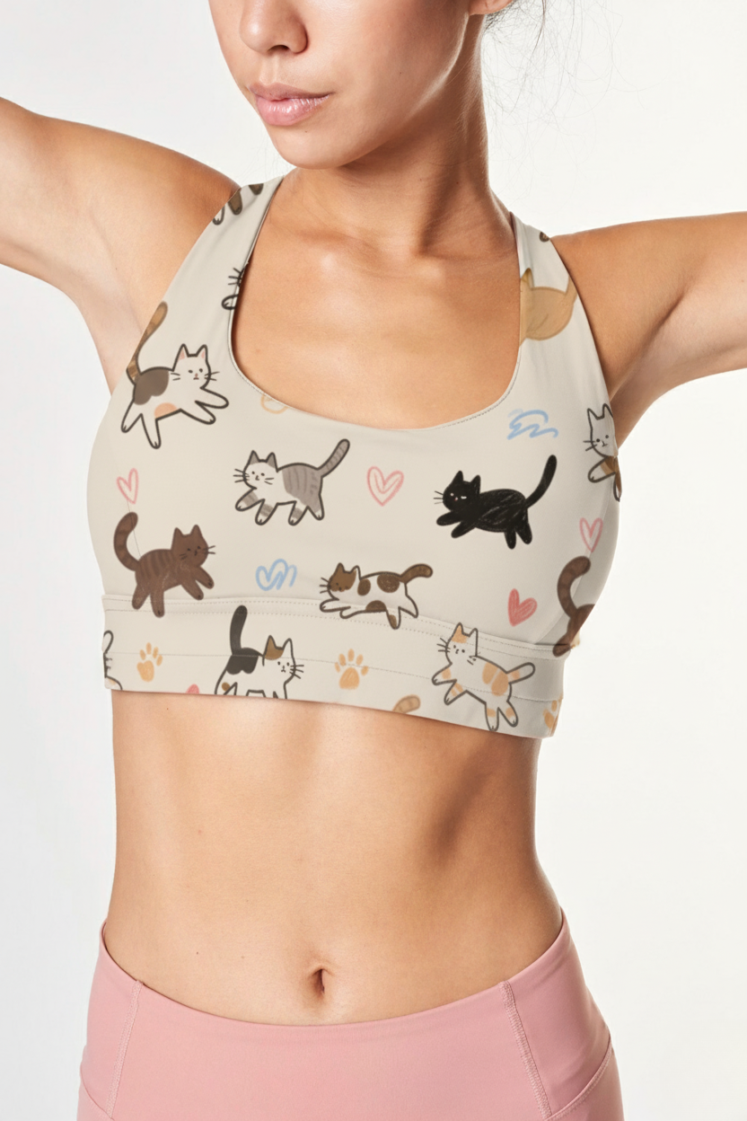 Custom Name Playful Cats Sports Bra Multiple Prints