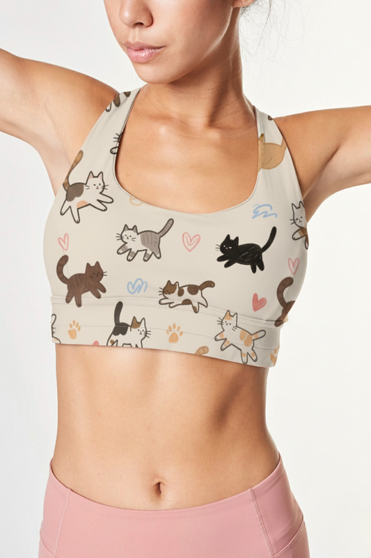Custom Name Playful Cats Sports Bra Multiple Prints
